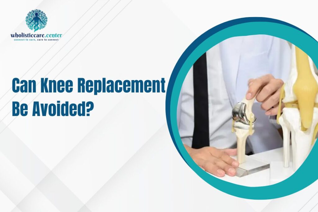 Dr Saurabh Talekar Blog 1 - Saurabhtalekar Banner with the title 'Can Knee Replacement Be Avoided?' and a doctor examining a knee prosthesis inside a teal circular frame on the right side.