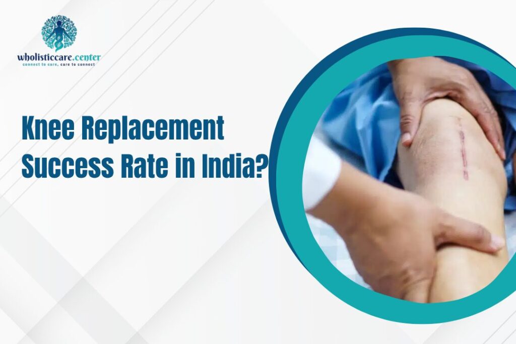 Question: 'Knee Replacement Success Rate in India?' with a medical circle frame showing a knee being held by hands, and a logo in the top-left corner.