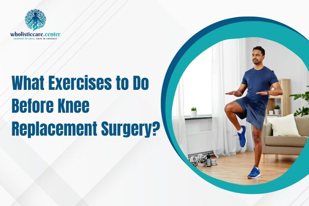 Dr Saurabh Talekar Blog 3 - Saurabhtalekar Promotional image about knee replacement prep: a man balances on one leg in a living room, with circular teal border and a medical logo in the corner.