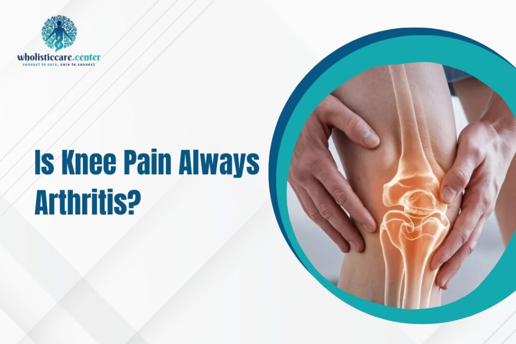 Dr Saurabh Talekar Blog 4 - Saurabhtalekar Banner for knee health article: the headline “Is Knee Pain Always Arthritis?” with a hands-on knee joint image inside a teal circular frame and the logo in the top left corner.