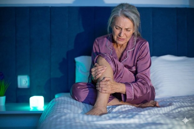 Older woman in purple pajamas sits on a bed, holding her knee in pain.