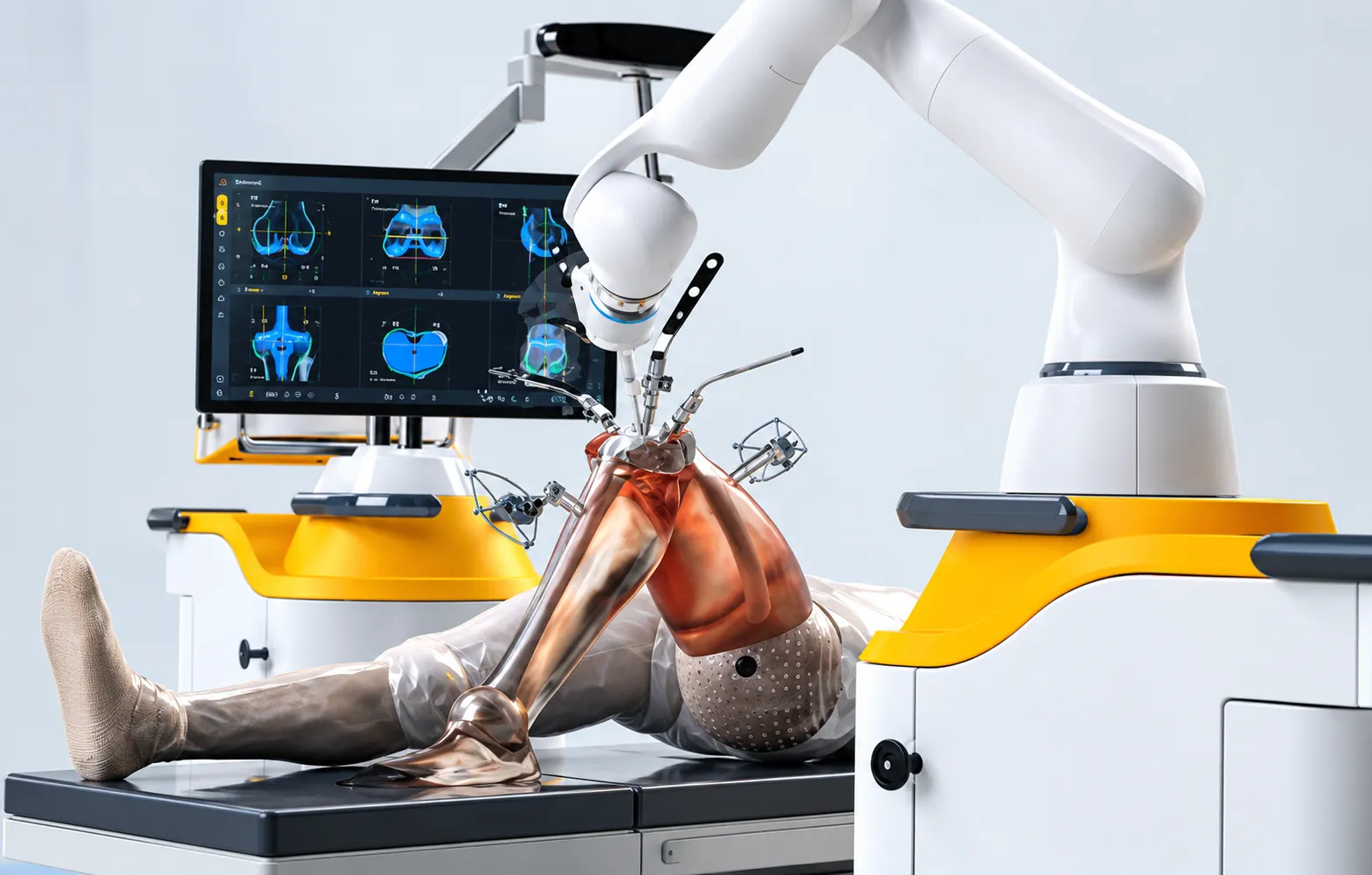 Robot-assisted surgical system manipulating instruments over a patient on an operating table, with a monitor displaying 3D heart images.